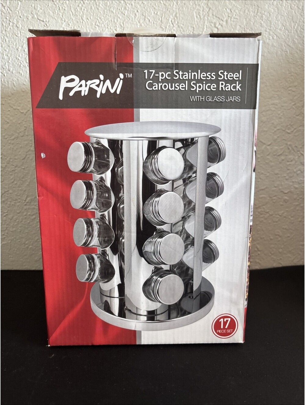 Parini 17-Piece Stainless Steel Carousel Spice Rack with Glass Jars - New
